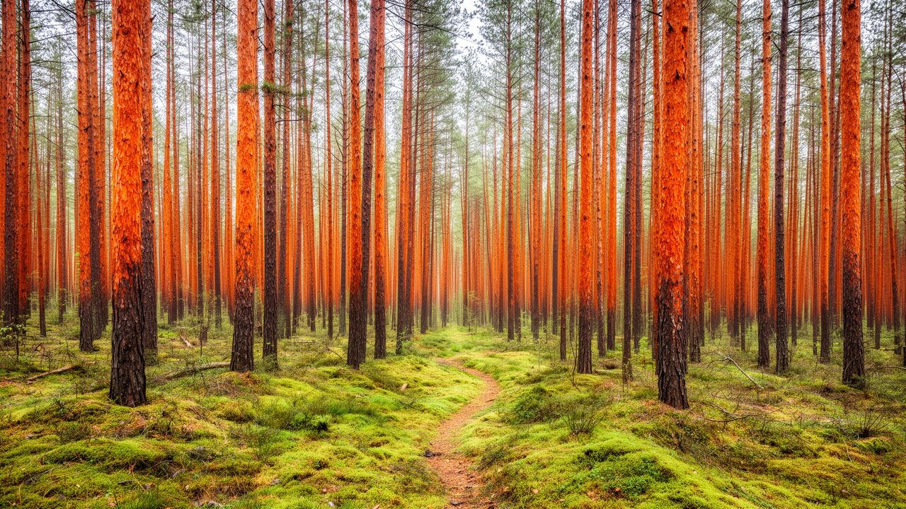 Mississippi pine forest interior — tall loblolly pines and mossy understory