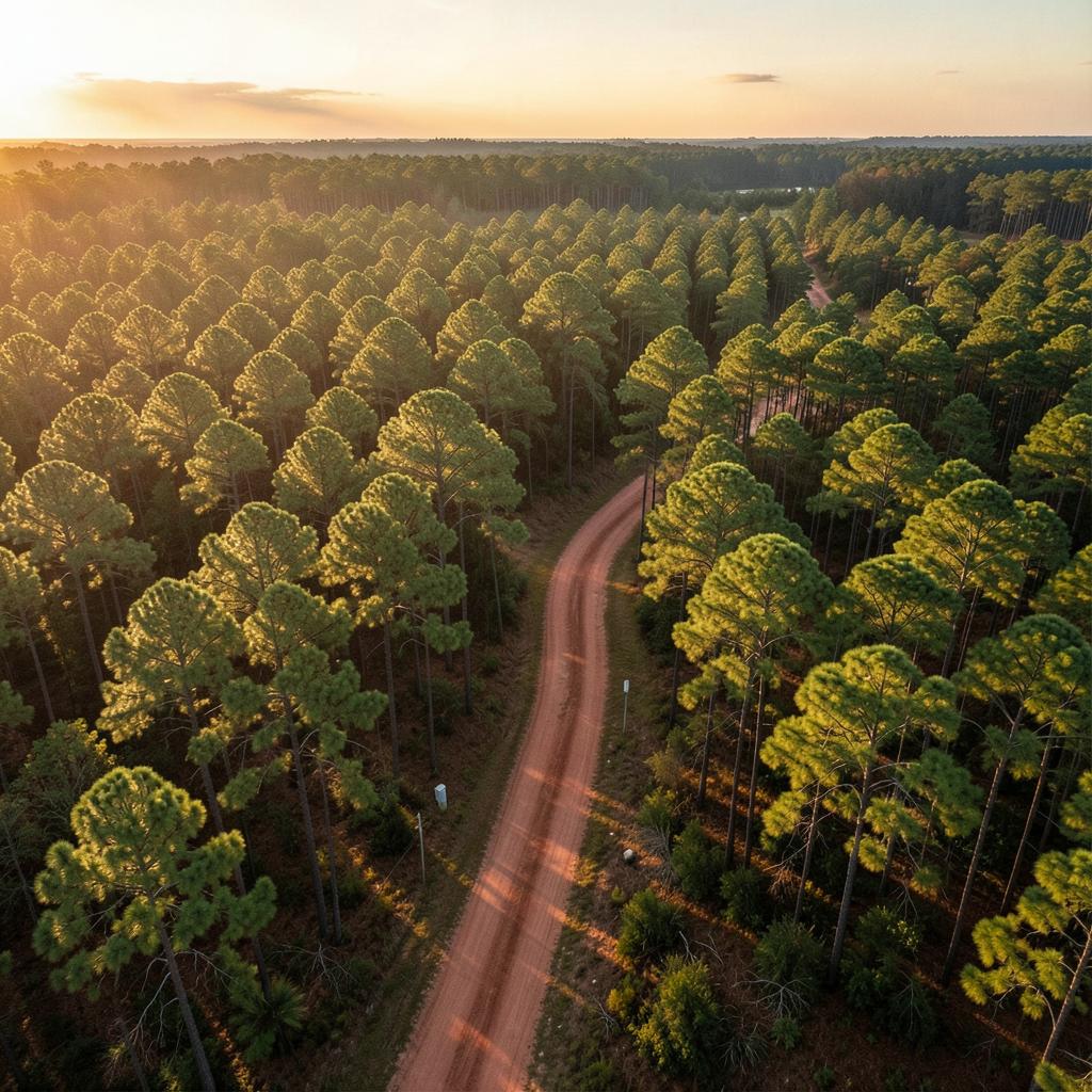 Aerial view of managed loblolly pine timberland with a red dirt road in Mississippi