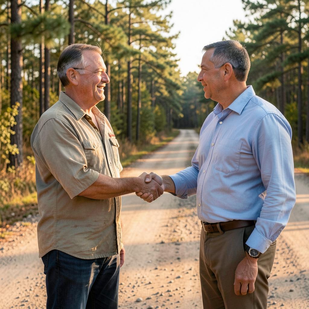 Mississippi landowner shaking hands with a land buyer on a dirt road at the edge of pine woods